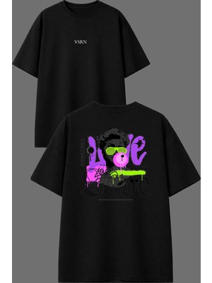 Vsrn Love Love Tasarım Ön Arka Baskılı Siyah Oversize T Shirt