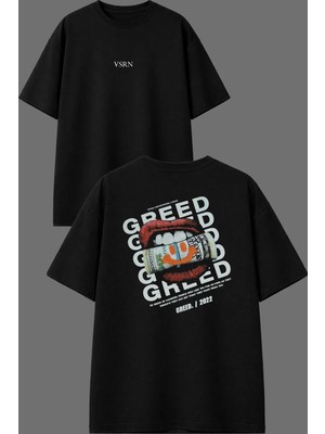 Vsrn Altın Dudak Tasarım Ön Arka Baskılı Siyah Oversize T Shirt