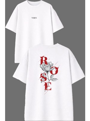 Vsrn Rose Cam Tasarım Ön Arka Baskılı Beyaz Oversize T Shirt