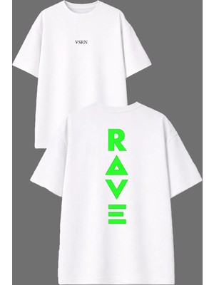 Vsrn Rave Rave Tasarım Ön Arka Baskılı Beyaz Oversize T Shirt