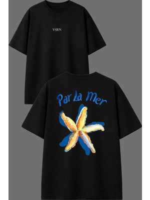 Vsrn Parla Deniz Tasarım Ön Arka Baskılı Siyah Oversize T Shirt