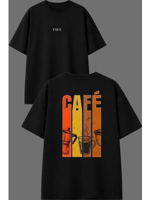 Vsrn Kahve ve Çay Tasarım Ön Arka Baskılı Siyah Oversize T Shirt