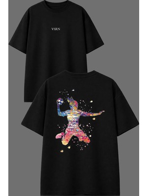 Vsrn Hentball Kadın Tasarım Ön Arka Baskılı Siyah Oversize T Shirt