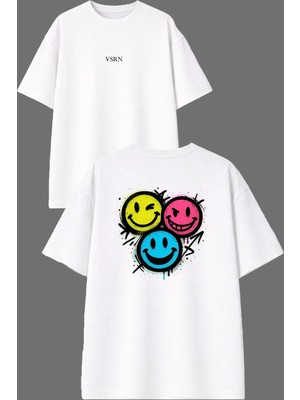 Vsrn Renkli Yüzler Tasarım Ön Arka Baskılı Beyaz Oversize T Shirt