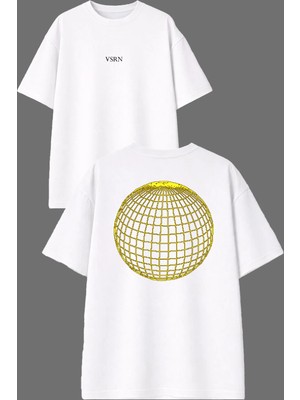 Vsrn Sarı Dünya Tasarım Ön Arka Baskılı Beyaz Oversize T Shirt