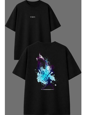Vsrn Koşu Basket Voleybol Tasarım Ön Arka Baskılı Siyah Oversize T Shirt