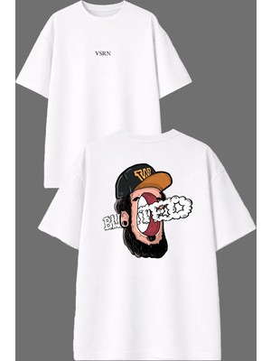 Vsrn Kulak Delik Tasarım Ön Arka Baskılı Beyaz Oversize T Shirt