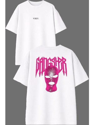 Vsrn Pembe Gangster Tasarım Ön Arka Baskılı Beyaz Oversize T Shirt
