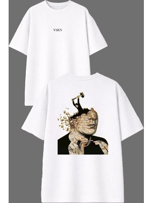 Vsrn Kendimce Dağıldım Tasarım Ön Arka Baskılı Beyaz Oversize T Shirt