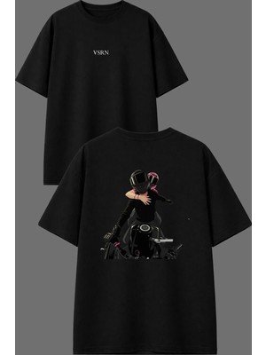 Vsrn Motorla Tur Gece Çift Tasarım Ön Arka Baskılı Siyah Oversize T Shirt