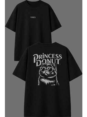 Vsrn Princes Donut Tasarım Ön Arka Baskılı Siyah Oversize T Shirt