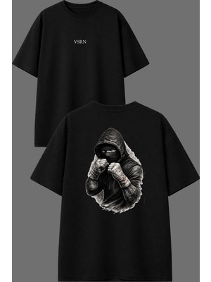 Vsrn Sokak Dövüşçüsü Tasarım Ön Arka Baskılı Siyah Oversize T Shirt