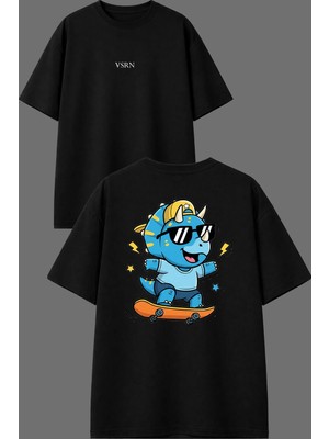 Vsrn Kaykaycı Mavi Tasarım Ön Arka Baskılı Siyah Oversize T Shirt
