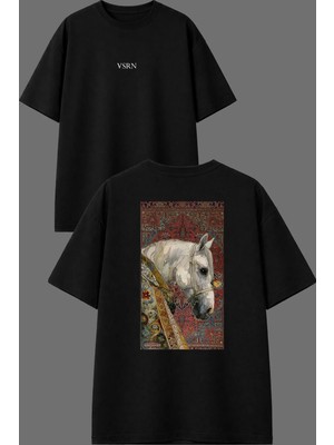 Vsrn Kelebek Konmuş At Tasarım Ön Arka Baskılı Siyah Oversize T Shirt