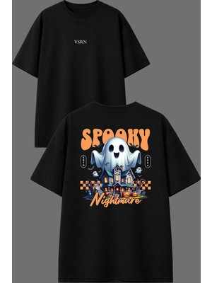 Vsrn Hayalet Korkunç Tasarım Ön Arka Baskılı Siyah Oversize T Shirt