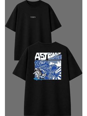 Vsrn Astronot Mavi Tasarım Ön Arka Baskılı Siyah Oversize T Shirt