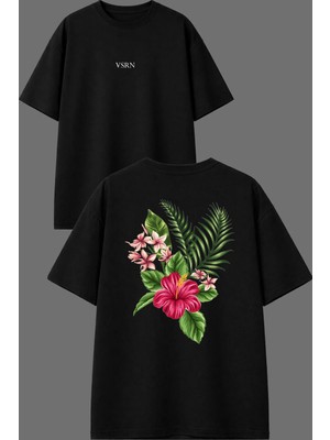 Vsrn Çiçek Karışık Tasarım Ön Arka Baskılı Siyah Oversize T Shirt