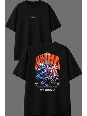Vsrn Metropls Tasarım Ön Arka Baskılı Siyah Oversize T Shirt