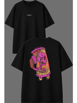 Vsrn Roket Iskelet Tasarım Ön Arka Baskılı Siyah Oversize T Shirt