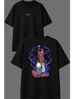 Vsrn Süper Güçlü Uzaylı Tasarım Ön Arka Baskılı Siyah Oversize T Shirt