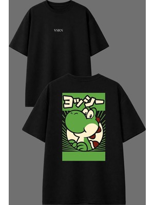 Vsrn Tombik Timsh Tasarım Ön Arka Baskılı Siyah Oversize T Shirt