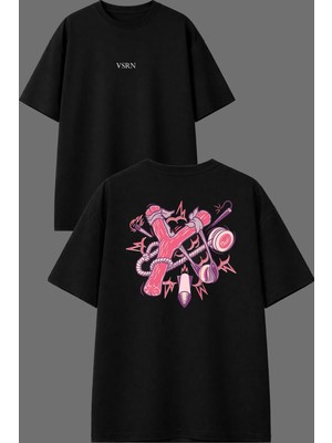 Vsrn Sapan Pembe Tasarım Ön Arka Baskılı Siyah Oversize T Shirt