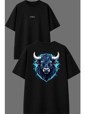 Vsrn Boğa Tasarım Ön Arka Baskılı Siyah Oversize T Shirt