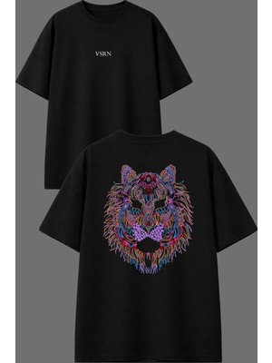 Vsrn Çizgili Aslan Tasarım Ön Arka Baskılı Siyah Oversize T Shirt