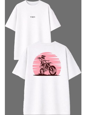 Vsrn Pembe Kadın Cross Tasarım Ön Arka Baskılı Beyaz Oversize T Shirt