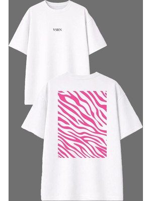 Vsrn Pembe Zebra Tasarım Ön Arka Baskılı Beyaz Oversize T Shirt