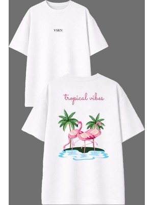 Vsrn Vıbe Tropical Tasarım Ön Arka Baskılı Beyaz Oversize T Shirt