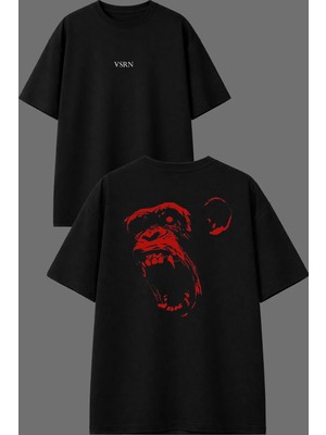 Vsrn Kızgın Maymun Tasarım Ön Arka Baskılı Siyah Oversize T Shirt