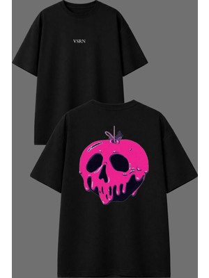 Vsrn Pembe Elma Tasarım Ön Arka Baskılı Siyah Oversize T Shirt
