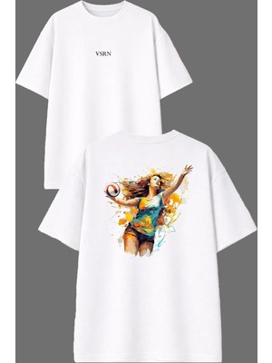 Vsrn Güzel Voleybolcu Kadın Tasarım Ön Arka Baskılı Beyaz Oversize T Shirt