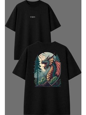 Vsrn Ejderha Tasarım Ön Arka Baskılı Siyah Oversize T Shirt