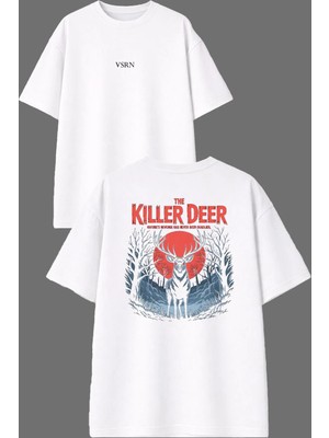 Vsrn Korkunç Geyik Tasarım Ön Arka Baskılı Beyaz Oversize T Shirt