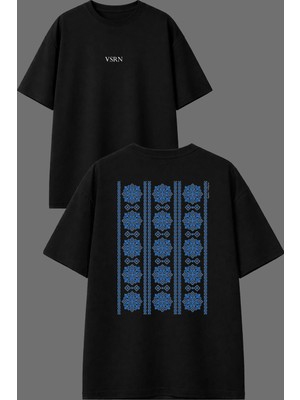Vsrn Balkan Etnik Desenler Tasarım Ön Arka Baskılı Siyah Oversize T Shirt