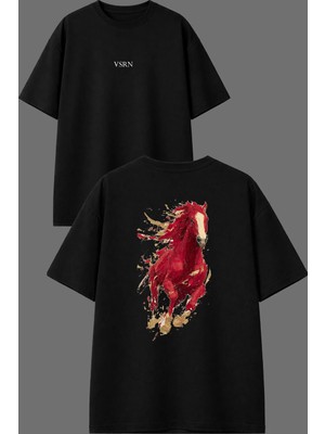 Vsrn Koşan Kırmızı At Tasarım Ön Arka Baskılı Siyah Oversize T Shirt