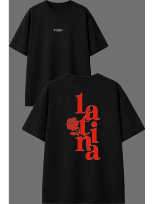 Vsrn Latin Tasarım Ön Arka Baskılı Siyah Oversize T Shirt
