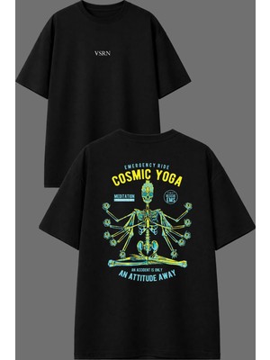 Vsrn Cosmıc Yoga Tasarım Ön Arka Baskılı Siyah Oversize T Shirt