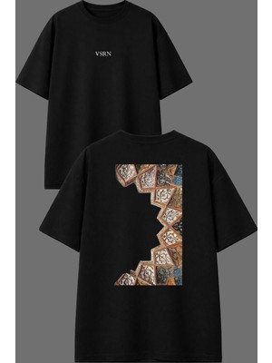 Vsrn Yıldız Desenleri Tasarım Ön Arka Baskılı Siyah Oversize T Shirt