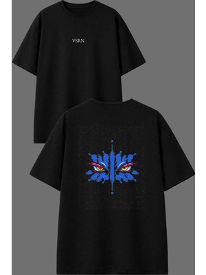 Vsrn Kızgın Gözler Tasarım Ön Arka Baskılı Siyah Oversize T Shirt
