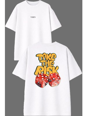 Vsrn Take The Rsk Tasarım Ön Arka Baskılı Beyaz Oversize T Shirt