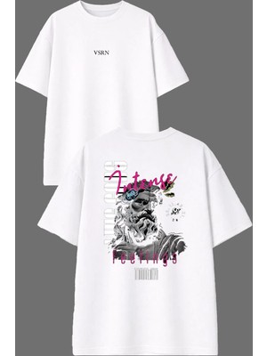 Vsrn Sakallı Adam Tasarım Ön Arka Baskılı Beyaz Oversize T Shirt