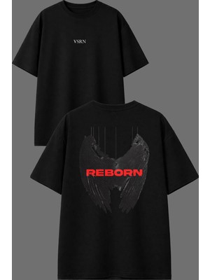 Vsrn Siyah Kanatlı Melek Tasarım Ön Arka Baskılı Siyah Oversize T Shirt