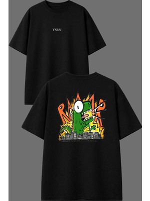 Vsrn Şehir Saldırısı Tasarım Ön Arka Baskılı Siyah Oversize T Shirt