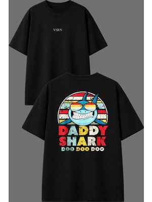 Vsrn Dady Shark Tasarım Ön Arka Baskılı Siyah Oversize T Shirt