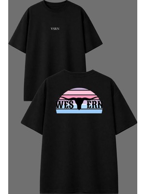 Vsrn Western Tasarım Ön Arka Baskılı Siyah Oversize T Shirt