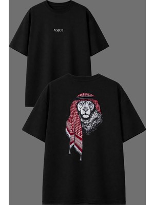 Vsrn Poşulu Aslan Tasarım Ön Arka Baskılı Siyah Oversize T Shirt