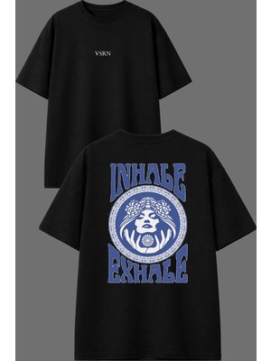 Vsrn Inhale Tasarım Ön Arka Baskılı Siyah Oversize T Shirt